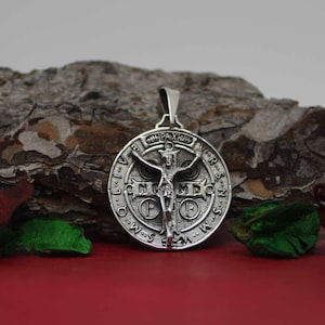 Saint Benedict Crucifix, St Benedict Solid Medal Necklace, Sterling Silver Saint Benedict Necklace, Silver, Medal With Jesus Necklace