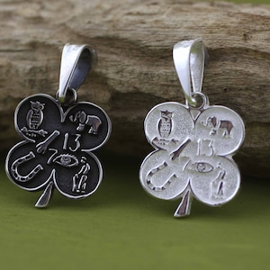 Sterling Silver Good Luck Necklace, Silver Four Leaf Clover Necklace, Lucky Charm Pendant, Silver Good Luck Symbols Talisman Pendant