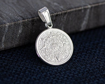 Silver Aztec Calendar Necklace, Silver Stamp Aztec Necklace, Mayan Sun Calendar Pendant, Aztec Calendar, Light Weight Aztec Calendar Mexican