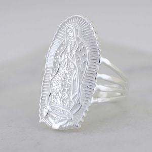 Anillo grande de plata de ley Nuestra Señora de Guadalupe para mujer, anillo Guadalupe en plata de ley 925 XL, anillo Virgen de Guadalupe, día de la madre, para ella
