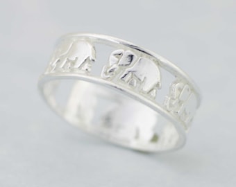 Elephant Band Solid 925 Sterling Silver, Sterling silver elephant ring, silver walking elephant ring, Elephant Ring, Good Luck Ring