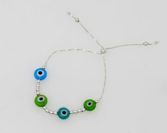 Sterling Silver Evil Eye Chain Bracelet, Sterling Silver Star Charm Bracelet,  Multi Evil Eye Bracelet,  Protection Eye Bracelet,