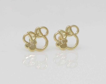 14K Gold Girl Stud Earrings, Mouse Stud Earring, Gold Stud Earring, Minnie Stud Earring, Baby Earring, Gold Cute Earrings