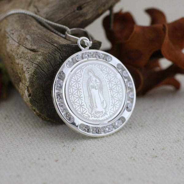 Sterling Silver Our Lady of Guadalupe Medal wth Cz, Virgen de Guadalupe Necklace, Virgin Guadalupe Pendant, Virgin Mary Medal, Guadalupana