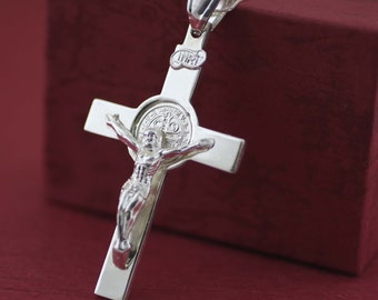 Silber St. Benedikt Kruzifix, Große St. Benedikt Kreuz Halskette, Sterling Silber St. Benedikt, Große Kreuz Halskette, Herrenkreuz, Herrenschmuck