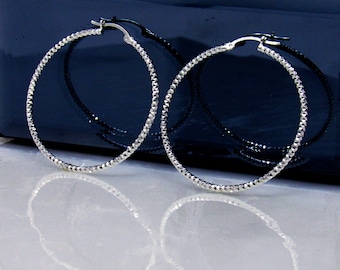 Diamantslipade runda ringörhängen i sterlingsilver, fasetterade ringörhängen i sterlingsilver, silver 40 mm ringörhängen, flickörhängen