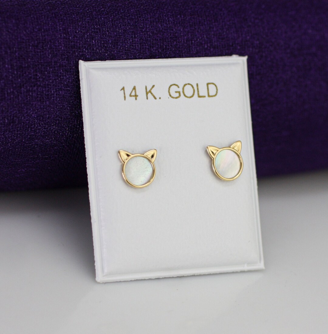 14k Cat Gold Stud Earrings, 14k Kitty Cat Stud Earrings, 14k Gold Screw ...