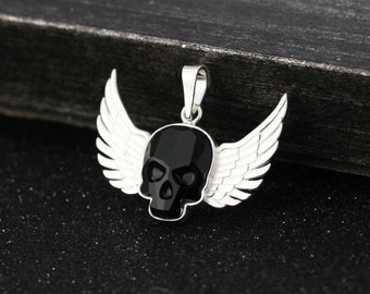 Sterling Silver Skull Necklace,  Black Skull Necklace, Solid Silver Skull with Wins Necklace, Skull Necklace, Modern Men Necklace