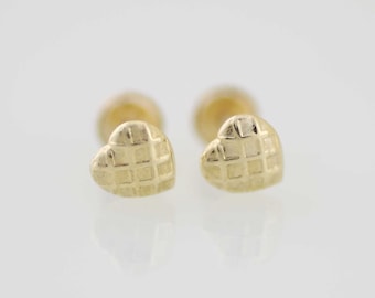 14K Heart Stud Earrings, 14K Gold Heart Textured Stud Earrings, 14K Gold Stud Heart Earrings with Screw Back, Girl Stud Earring,