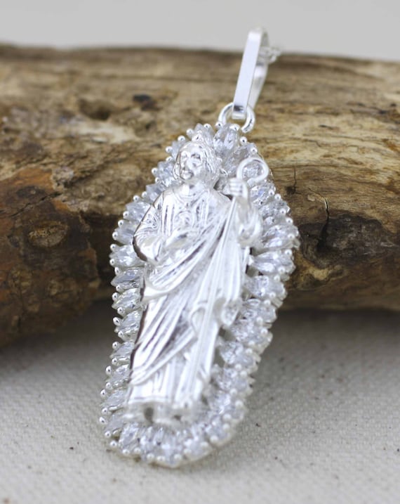 Sterling Silver St Jude Necklace, Sterling Silver 925 Saint Jude Apostle Necklace, Large Silver St Jude Thaddeus Pendant, San Judas Tadeo