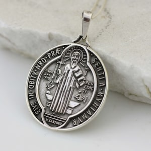 Sterling Silver Saint Benedict Medal, Sterling Silver Saint Benedict Necklace, Silver St. Benedict Oxidized Medal XL , Medalla San Benito