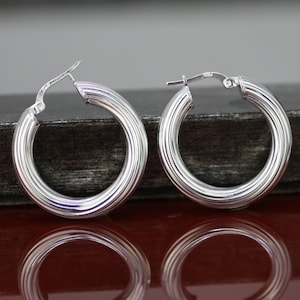 MEDIUM 30mm Wide Textured Line Hoop Earrings, Hollow Sterling Silver Hoop Earrings