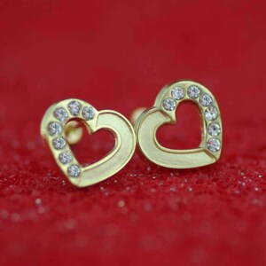 14K Heart Stud Earrings, 14K Gold Heart with CZ Stud Earrings, 14K Gold Stud Heart Earrings whit Screw Back, Girl Stud Earring, Love