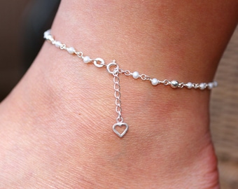 Fotlänk i sterlingsilver, fotlänk i sötvattenspärlor, silverfotlänk, elegant fotlänk, strandsmycken, fotlänk i små kulor och pärlor