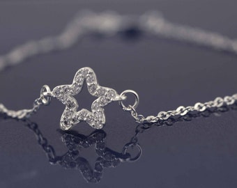 Star Anklet, Cz Star Anklet, Sterling Silver Star Anklet, Dainty Star Anklet, Minimalist Anklet, Silver Star Anklet with Cz, Beach Jewelry