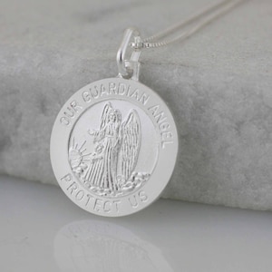 Guardian Angel Medal, Sterling Silver Our Guardian Angel Necklace, Catholic Holy Medal, Silver Angel Necklace, Holy Guardian Angel Medal