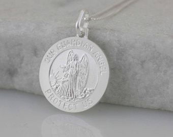 Guardian Angel Medal, Sterling Silver Our Guardian Angel Necklace, Catholic Holy Medal, Silver Angel Necklace, Holy Guardian Angel Medal