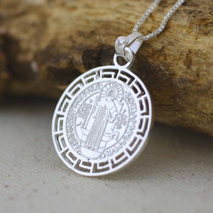 Sterling Silver Saint Benedict Medal, Sterling Silver Saint Benedict Necklace, Silver St. Benedict Greek Finish Medal, Double Sided Medal