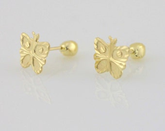May include: A pair of gold butterfly stud earrings. The earrings are made of 14k gold and feature a detailed butterfly design.