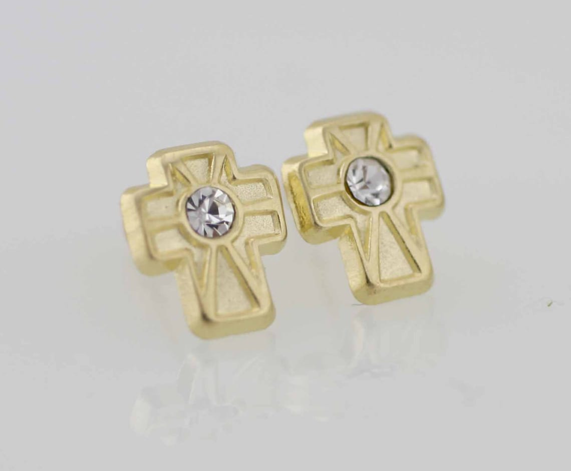 Antique Hand Set Petite Cross Stud Earrings with CZs