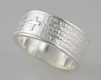 Sterling Silver Our Father Lord Prayer Ring (in Spanish), Silver Lord's Prayer Band Ring, Padre Nuestro Lords Prayer Ring Silver Band