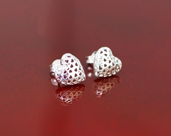 Silver Set Hearts Necklace with Earrings, Sterling Silver Heart Filigree Necklace, Silver Heart Stud Earrings, Wedding Jewelry Sets