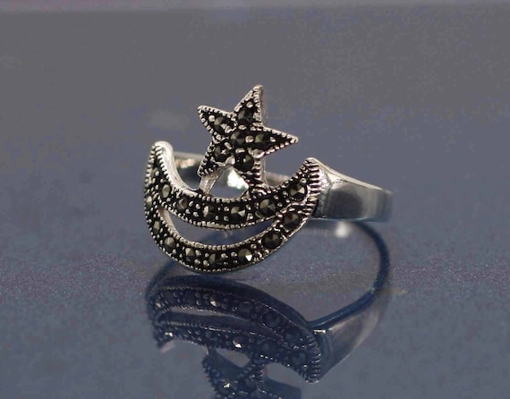Sterling Silver Marcasite Stone Star and Moon Stud Earrings Sterling Silver Marcasite Stone Star and Moon Stud Earrings