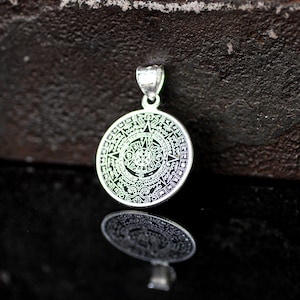 Sterling Silver Aztec Calendar Necklace, Small Sterling Silver Aztec Mayan Sun Calendar Pendant, Calendario Azteca,  Silver Azteca Pendant