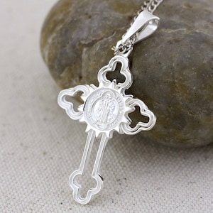 Saint Benedict Cross, St Benedict Cross Necklace, Sterling Silver Saint Benedict Necklace, Silver St Benedict, Catholic Necklace, San Benito