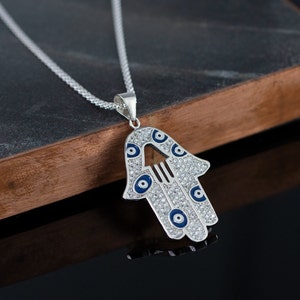 Sterling Silver Hamsa Necklace, Hand of Fatima Jewelry, Silver Hand Necklace, Kabbalah Jewelry, Evil Eye Charm, Protective Charm