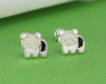 Sterling Silver Panda Stud Earrings, Silver Panda Bear, Enamel Stud Earrings, Silver Stud Panda Enamel Earrings with Screw Back