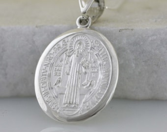 Sterling Silver Saint Benedict Medal, Silver Saint Benedict Necklace, Silver St. Benedict Oval Medal, Silver Oval Saint Benedict Medal