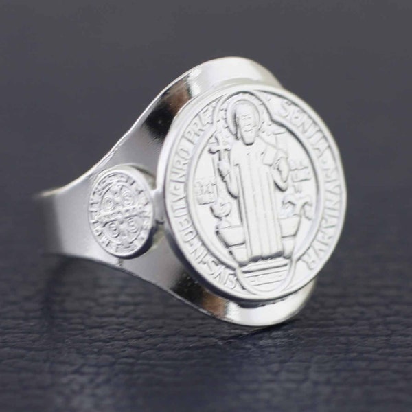 Bague Saint Benoît en argent sterling, Saint Benoît en argent sterling 925, Saint Benoît en argent sterling, Bijoux catholiques