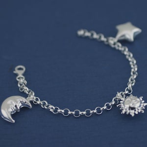 Sterling Silver Celestial Charm Bracelet, XL Celestial Bracelet, Silver Hollow Large Star, Moon and Sun, Moon of My Life, My Sun and Stars