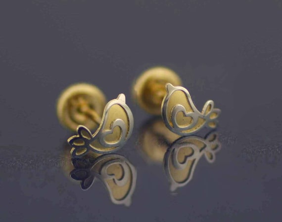 14k Two tone Gold Bird Earrings, 14K Gold Twitter Stud Earrings, 14K Gold Stud Bird Earrings, Baby Stud Earrings, 14k Gold Bird Earrings