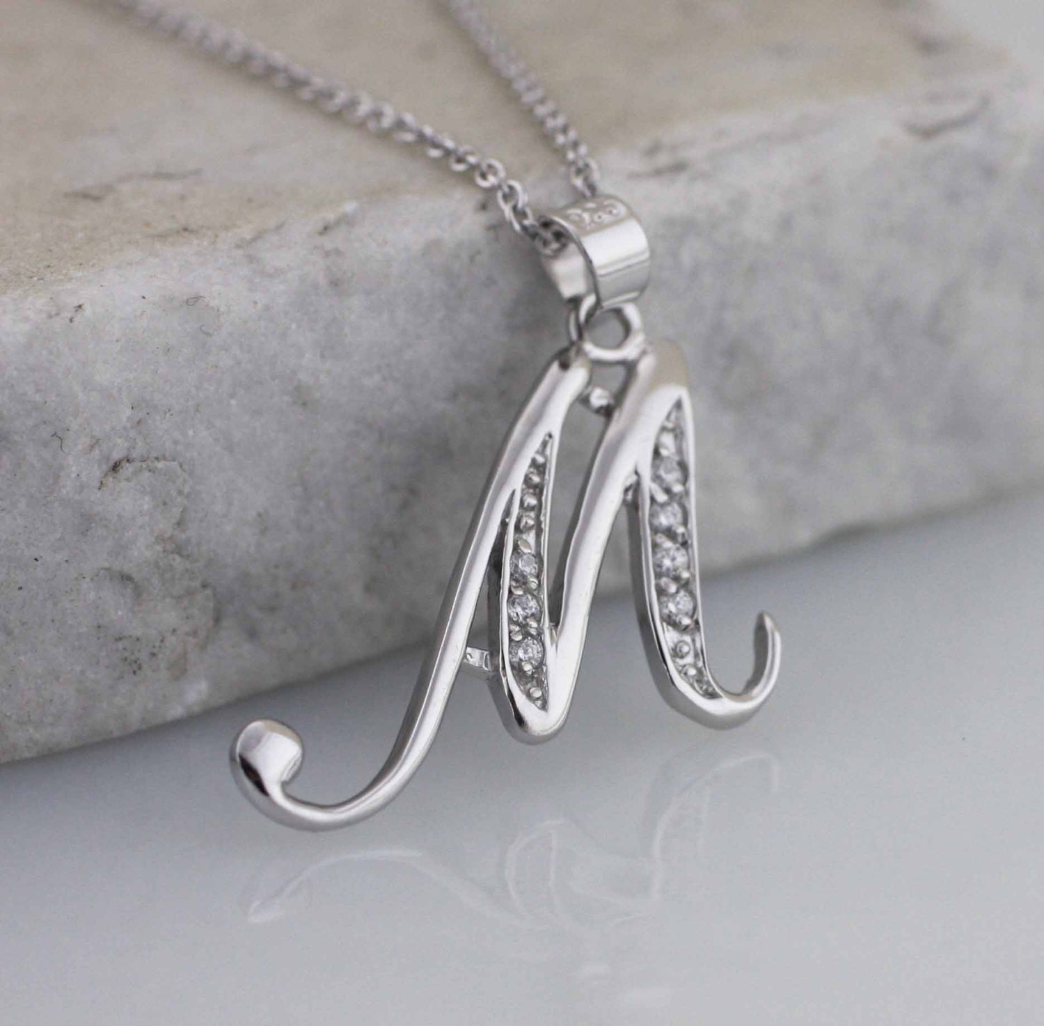 Letter M Necklace, Sterling Silver Initial Necklace, Silver