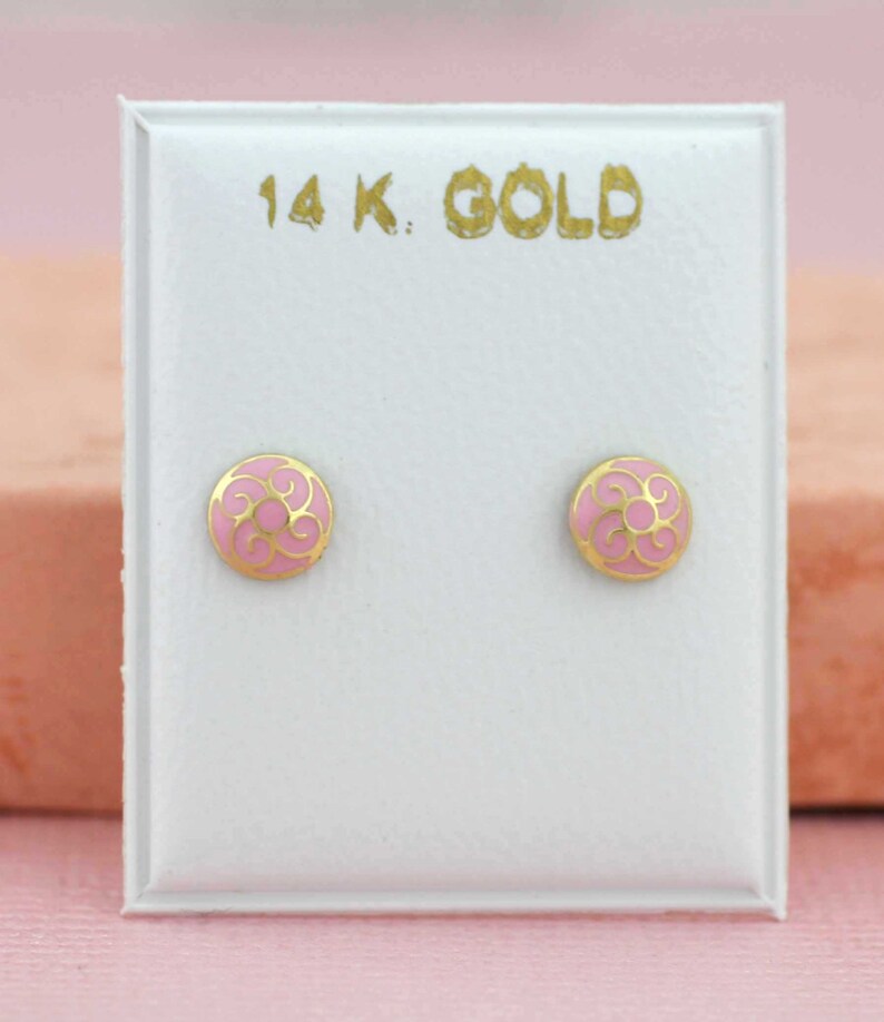 14K Gold Stud Earrings Circle Enamel Stud Earrings 14K Gold Etsy
