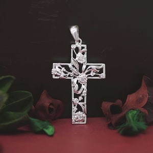 Cross Necklace, Sterling Silver Flower Cross Necklace, Silver Cross With Cz Pendant, Sterling Silver Cross with CZ, Catholic Cross Necklace,