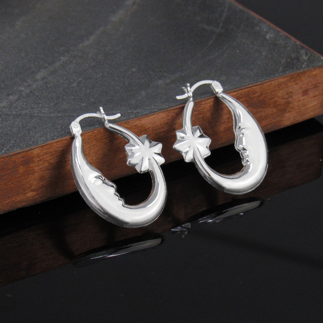 Sterling Silver Moon Hoop Earrings, Silver Moon and Star Puff Hoop