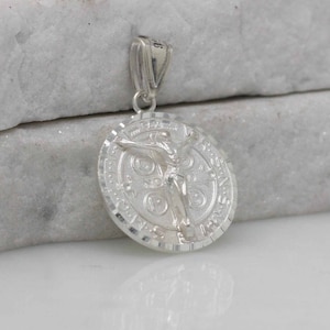 Saint Benedict Crucifix, St Benedict Solid Medal Necklace, Sterling Silver Saint Benedict Necklace, Medal With Jesus Necklace