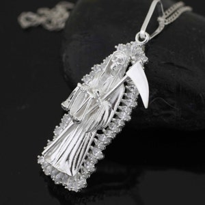Sterling Silver Grim Reaper Necklace, Silver Solid Santa Muerte Necklace, Extra Large Holy Death Necklace, Silver Santa Muerte With CZ