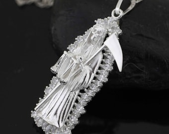 Sterling Silver Grim Reaper Necklace, Silver Solid Santa Muerte Necklace, Extra Large Holy Death Necklace, Silver Santa Muerte With CZ