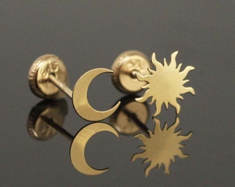 14k Gold Ohrstecker Sonne, Mond Ohrstecker, 14k Himmlische Ohrstecker, Sonne und Mond Ohrstecker, 14k Eclipse Ohrstecker