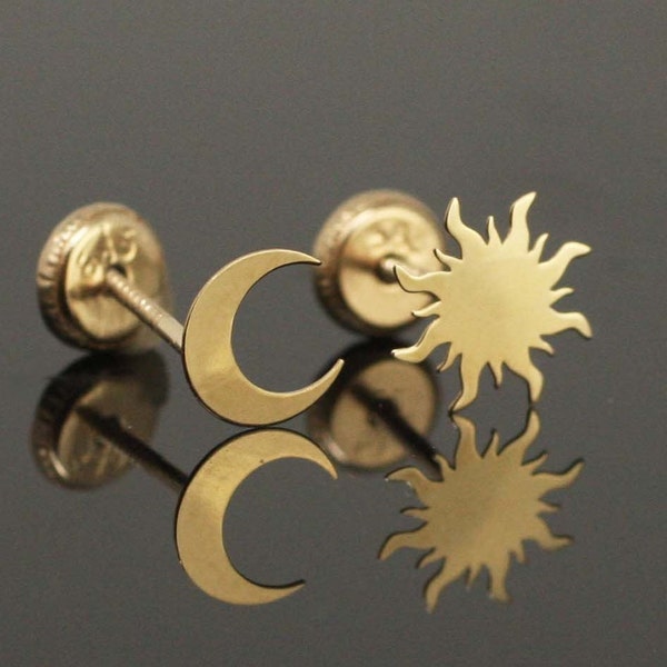 14k Gold Sun Stud Earrings, Moon Stud Earrings, 14k Celestial Stud Earrings, Sun and Moon Stud Earrings, 14k Eclipse Stud Earrings