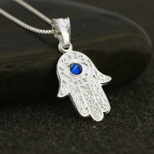 Sterling Silver Hamsa Necklace, Hand of Fatima Jewelry, Silver Hand Necklace, Kabbalah Jewelry, Evil Eye Charm, Protective Charm