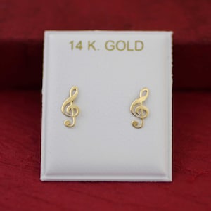 14k Musical Note Stud Earrings, 14K Gold Treble Clef Earrings, 14K Gold Stud Clef Earrings with Screw Back, Music Lover Earrings, Recital