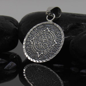 Silver Aztec Calendar Necklace, Sterling Silver Aztec Necklace, Mayan Sun Calendar Pendant, Aztec Calendar Oxidized, Aztec Calendar Mexican