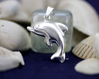 Sterling Silver Dolphin Necklace, Dolphin Charm, Silver Puff Dolphin, Silver Dolphin Charm,  Large Silver Dolphin Necklace, Sea Jewelry