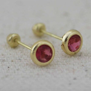 14K Yellow Gold Bezel, Stud 4mm, CZ Screw Back Earring, 14k Cz Baby Earrings, 14k Bezel 4mm Cz Stud Earrings, White, Pink and Red image 2