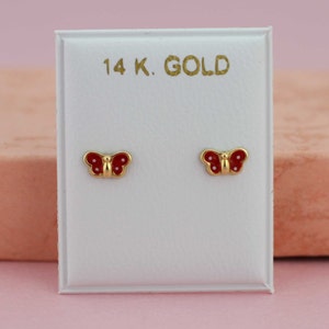 14K Gold butterfly Stud Earrings, Small Butterfly Enamel Stud Earrings, Butterfly  Enamel Earrings with  Screw Back, Baby Stud Earrings,